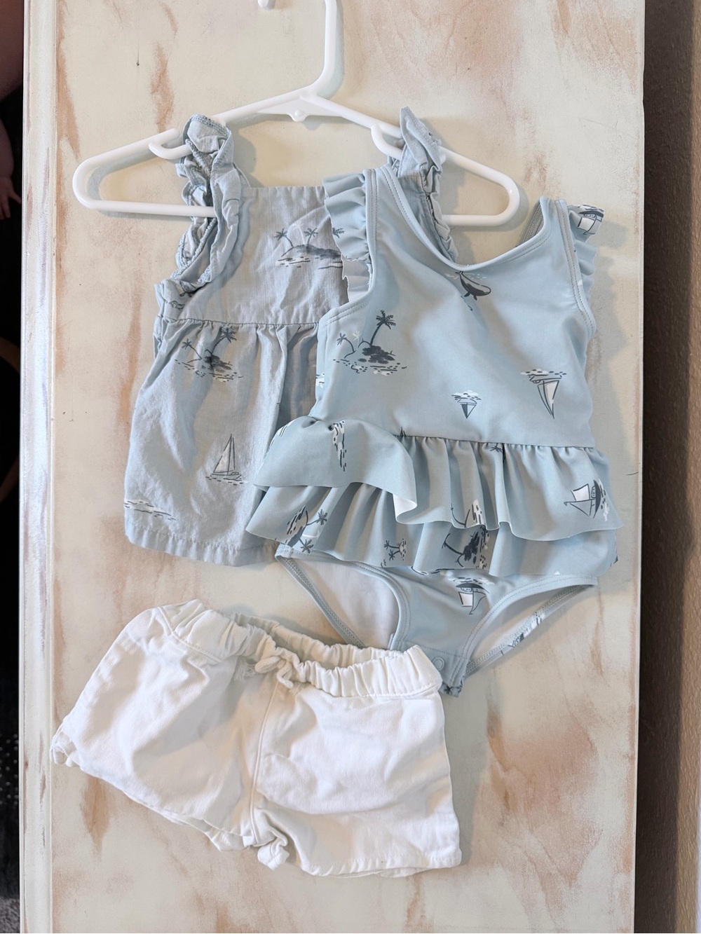 Carter's Light Blue Ruffle One-Piece Swimsuit with White Shorts & Tank